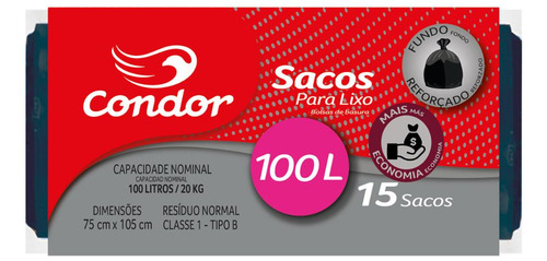Saco para Lixo Tipo B 100l Condor 15 Unidades Mais Economia
