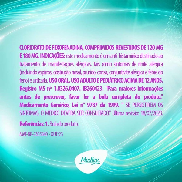 Encontraproduto.com.br - Cloridrato De Fexofenadina 180mg Com 10 Comprimidos Medley Generico