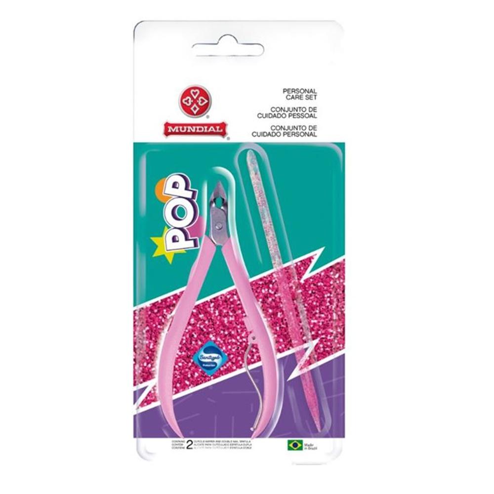 Alicate de Cutícula Pop Rosa + Palito Glitter Mundial Ref: 751
