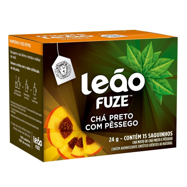 Encontraproduto.com.br - Chá Preto e Pêssego Leão Fuze Caixa com 15 Sachês 24g
