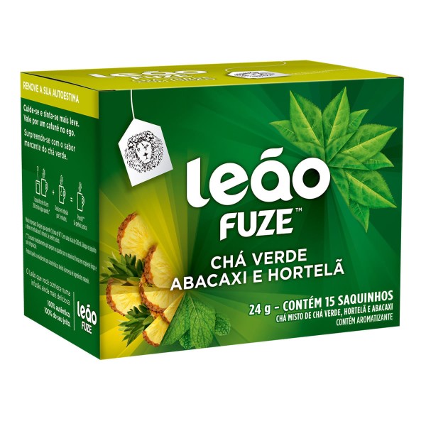 Encontraproduto.com.br - Chá Misto de Chá Verde, Abacaxi e Hortelã Leão Fuze Caixa com 15 Sachês 24g