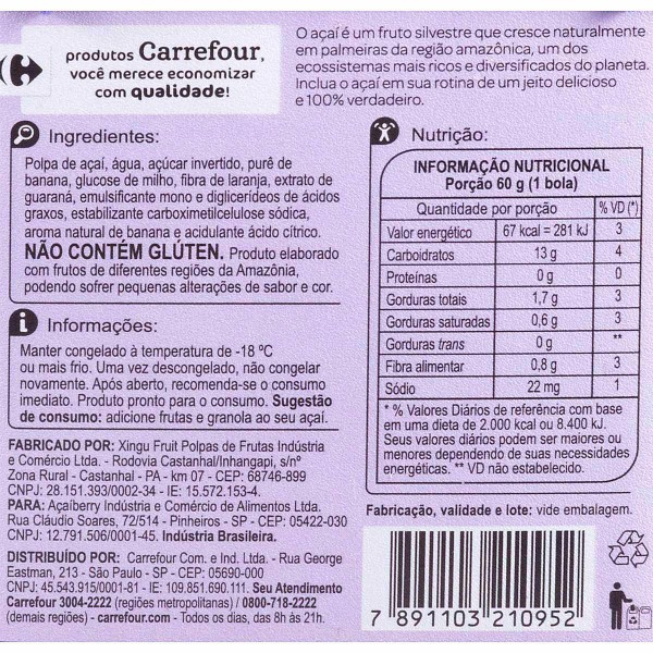 Encontraproduto.com.br - Açaí com Banana, congelado, Carrefour 1,45kg