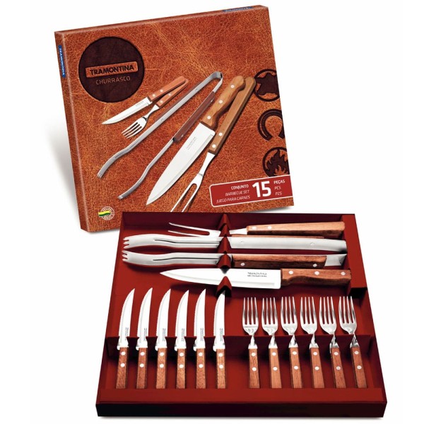 Kit Para Churrasco Tramontina Em Aço Inox Com Cabo De Madeira Natural 15 Peças