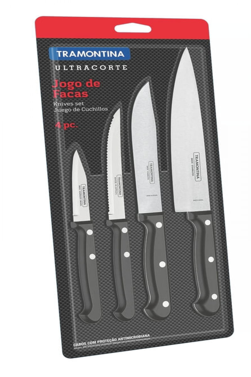 Encontraproduto.com.br - Conjunto com 4 facas pretas inox linha Ultracorte Tramontina