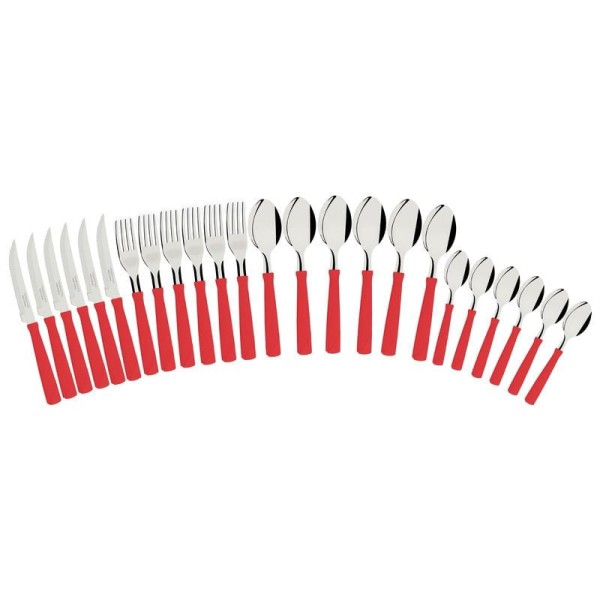 Encontraproduto.com.br - Faqueiro Tramontina New Kolor com Lâminas em Aço Inox e Cabos de Polipropileno Vermelho 24 Peças 23199/762