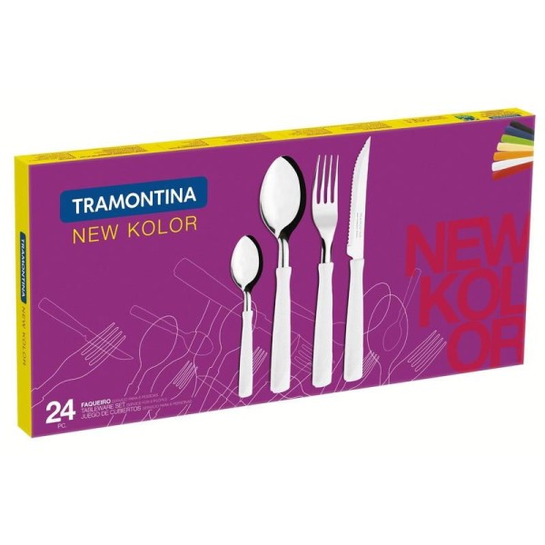 Encontraproduto.com.br - Faqueiro Tramontina New Kolor com Lâminas em Aço Inox e Cabos de Polipropileno Vermelho 24 Peças 23199/762