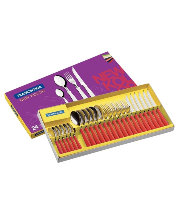 Encontraproduto.com.br - Faqueiro Tramontina New Kolor com Lâminas em Aço Inox e Cabos de Polipropileno Vermelho 24 Peças 23199/762