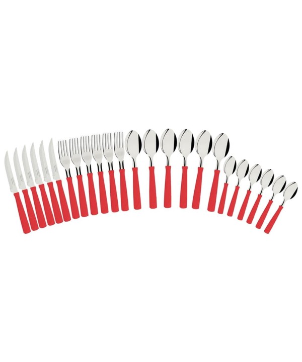 Encontraproduto.com.br - Faqueiro Tramontina New Kolor com Lâminas em Aço Inox e Cabos de Polipropileno Vermelho 24 Peças 23199/762