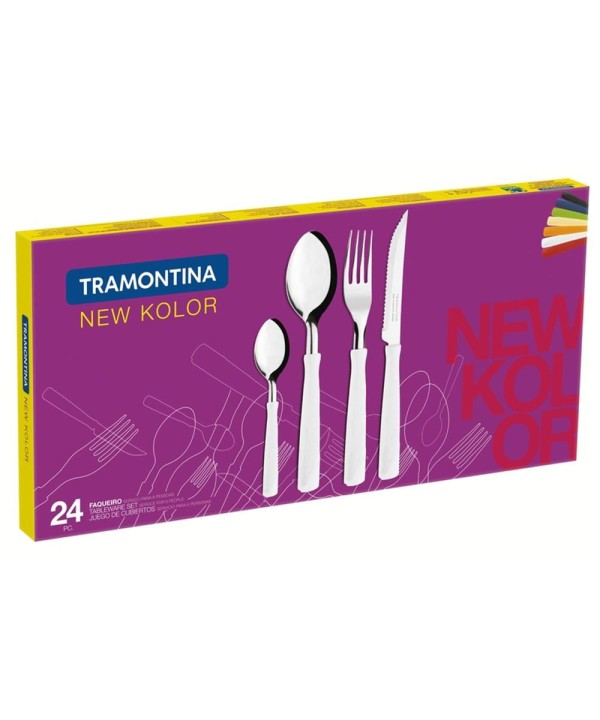 Encontraproduto.com.br - Faqueiro Tramontina New Kolor com Lâminas em Aço Inox e Cabos de Polipropileno Vermelho 24 Peças 23199/762
