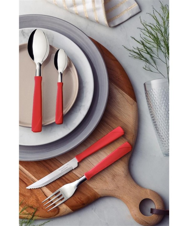Encontraproduto.com.br - Faqueiro Tramontina New Kolor com Lâminas em Aço Inox e Cabos de Polipropileno Vermelho 24 Peças 23199/762
