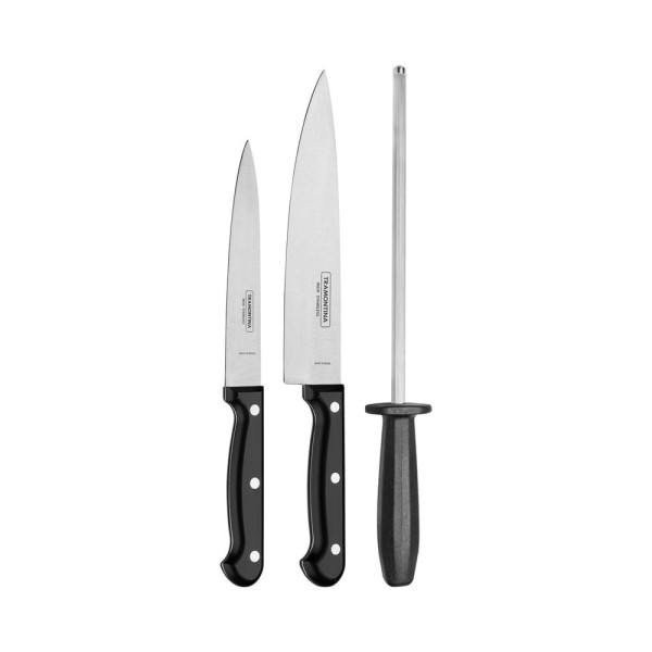 Encontraproduto.com.br - Jogo de Facas com Chaira Tramontina Ultracorte com Laminas em Aço Inox e Cabos de Polipropileno Preto 3 Peças