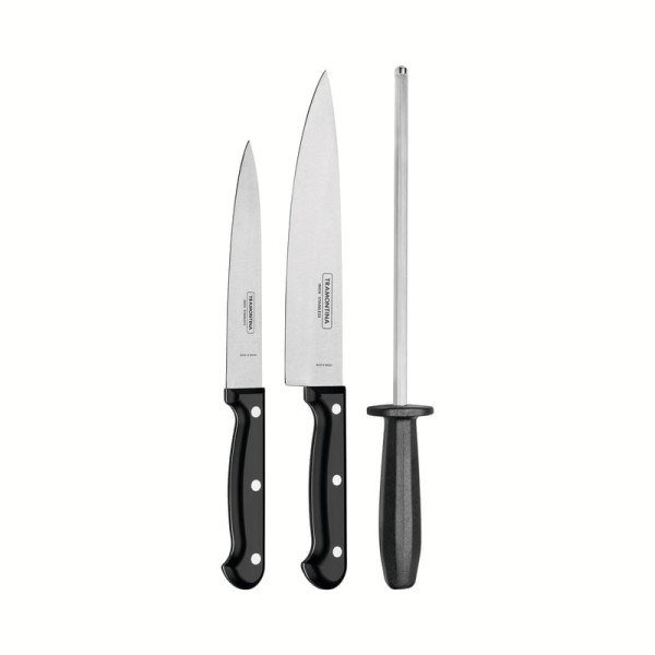 Encontraproduto.com.br - Jogo de Facas com Chaira Tramontina Ultracorte com Laminas em Aço Inox e Cabos de Polipropileno Preto 3 Peças