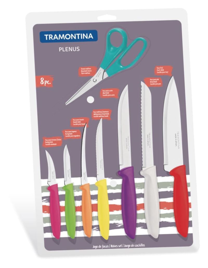 Encontraproduto.com.br - Jogo de Facas Plenus com Lâminas em Aço Inox e Cabos de Polipropileno Colorido 8 Peças - 23498/917 - Tramontina