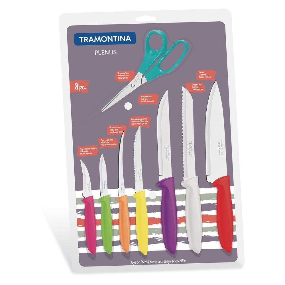 Encontraproduto.com.br - Jogo de Facas Plenus com Lâminas em Aço Inox e Cabos de Polipropileno Colorido 8 Peças - 23498/917 - Tramontina