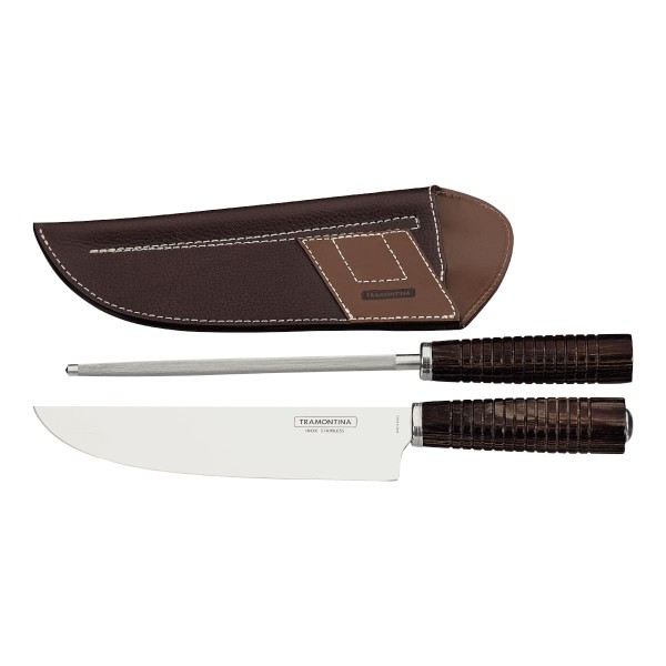 Encontraproduto.com.br - Jogo para Churrasco Tramontina Aço Inox Cabos em Madeira Polywood Castanho Bainha de Couro e Estojo de Madeira 2 Peças