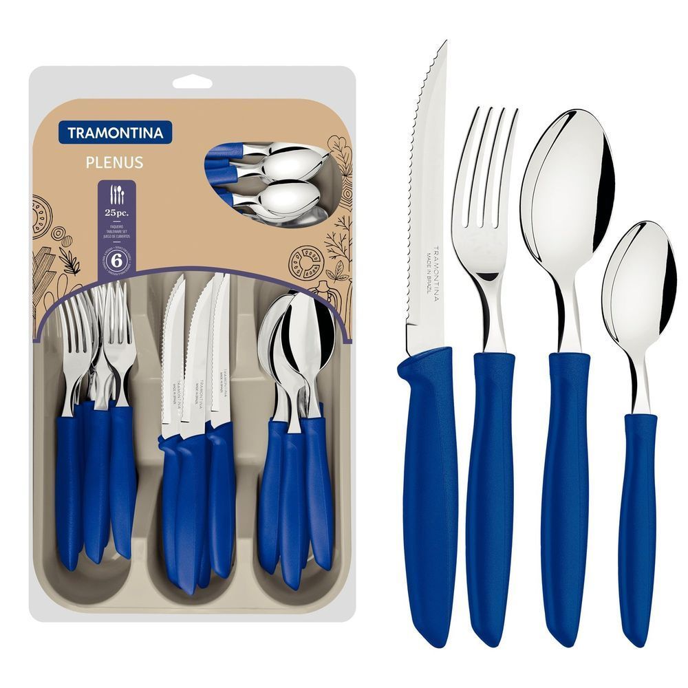 Encontraproduto.com.br - Faqueiro Tramontina Plenus com Lâminas em Aço Inox e Cabos de Polipropileno Azul com Gaveteiro 25 Peças 23498/130