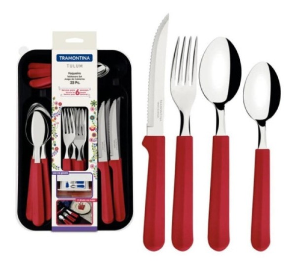 Faqueiro Tulum com Lâminas em Aço Inox e Cabos de Polipropileno Vermelho com Gaveteiro 25 Peças - 23299/783 - Tramontina