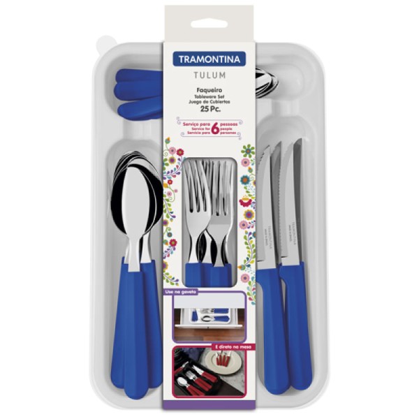Encontraproduto.com.br - Faqueiro Tramontina Tulum com Facas para Churrasco 25 peças Azul 23299/183
