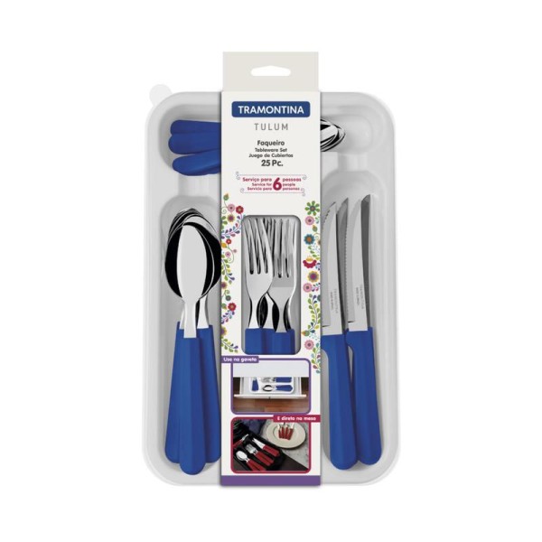 Encontraproduto.com.br - Faqueiro Tramontina Tulum com Facas para Churrasco 25 peças Azul 23299/183