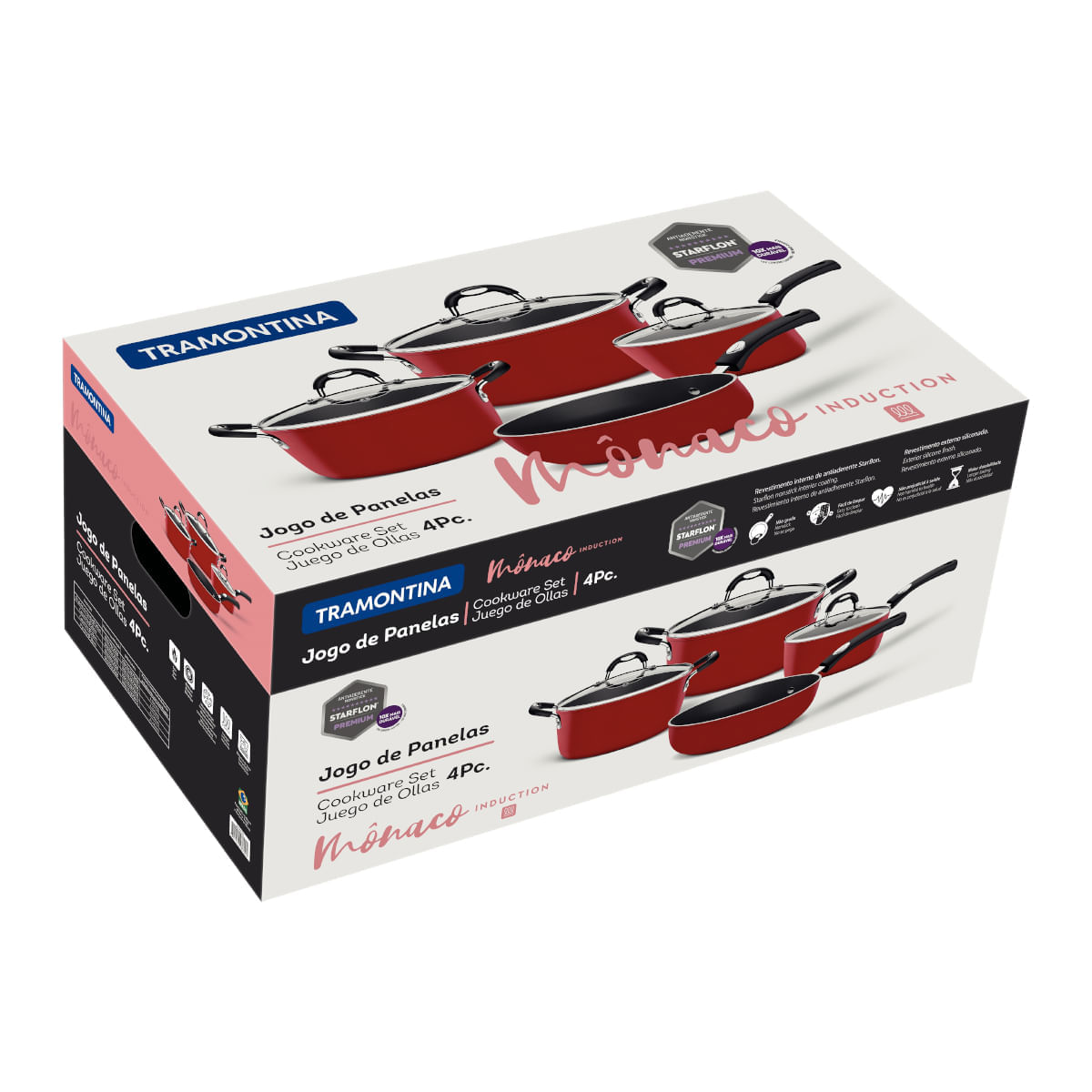 Encontraproduto.com.br - Jogo de Panelas Tramontina 4 Peças Mônaco Induction em Alumínio com Revestimento Interno Antiaderente Starflon Premium e Externo de Silicone Vermelho