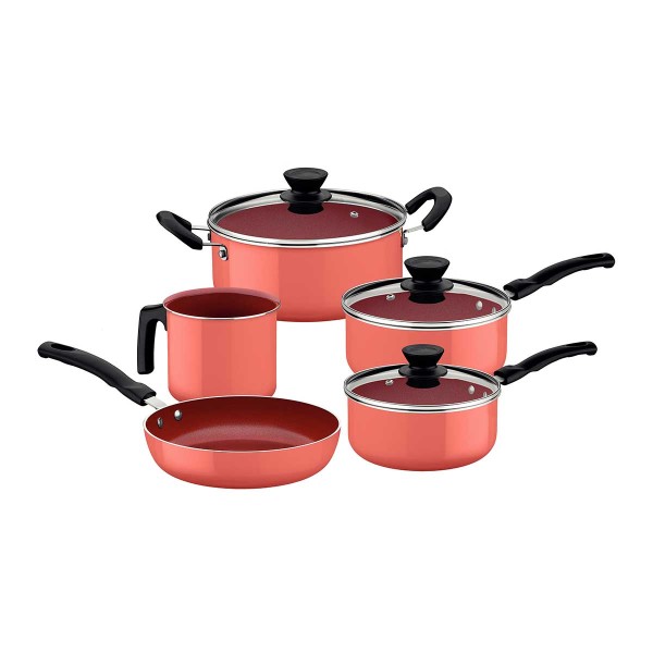 Encontraproduto.com.br - Jogo de Panelas Tramontina 5 Peças Évora em Alumínio com Revestimento Interno Cerâmico e Externo de Silicone Coral