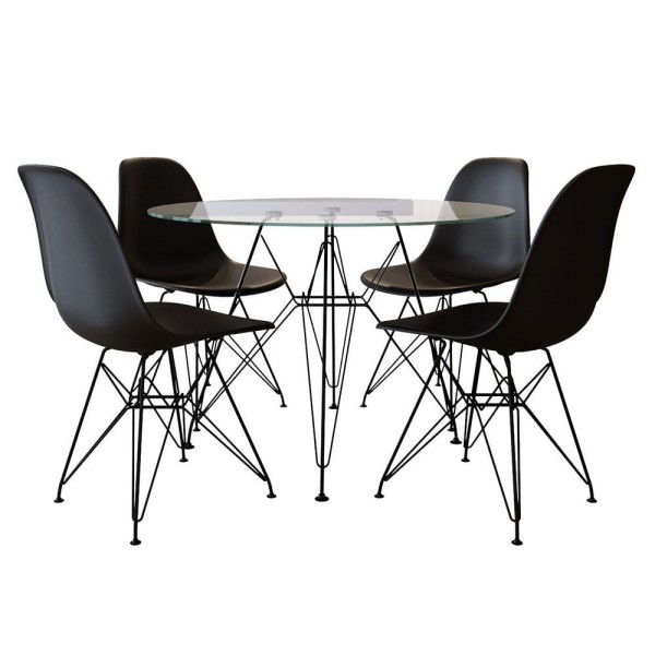 Encontraproduto.com.br - Mesa De Jantar De Ferro Preto Tampo Redondo Vidro 110Cm Com 4 Cadeiras Pretas Cor: Preto