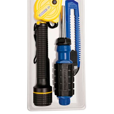 Encontraproduto.com.br - Kit de Ferramentas com Trena Estilete Lanterna Ponteiras e Chave com Adaptador 10 Peças - 43408/123 - Tramontina