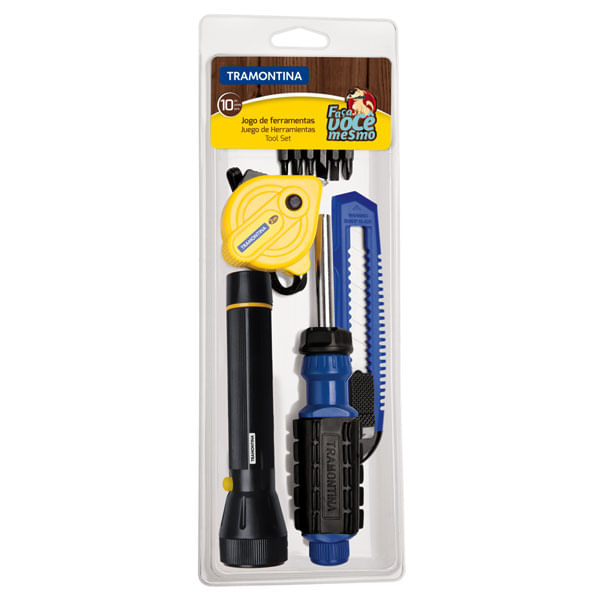 Encontraproduto.com.br - Kit de Ferramentas com Trena Estilete Lanterna Ponteiras e Chave com Adaptador 10 Peças - 43408/123 - Tramontina