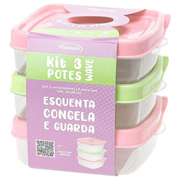 Kit Potes Plástico Plasvale Micro-Ondas Wave Quadrado 1,8L | Com 3 Unidades
