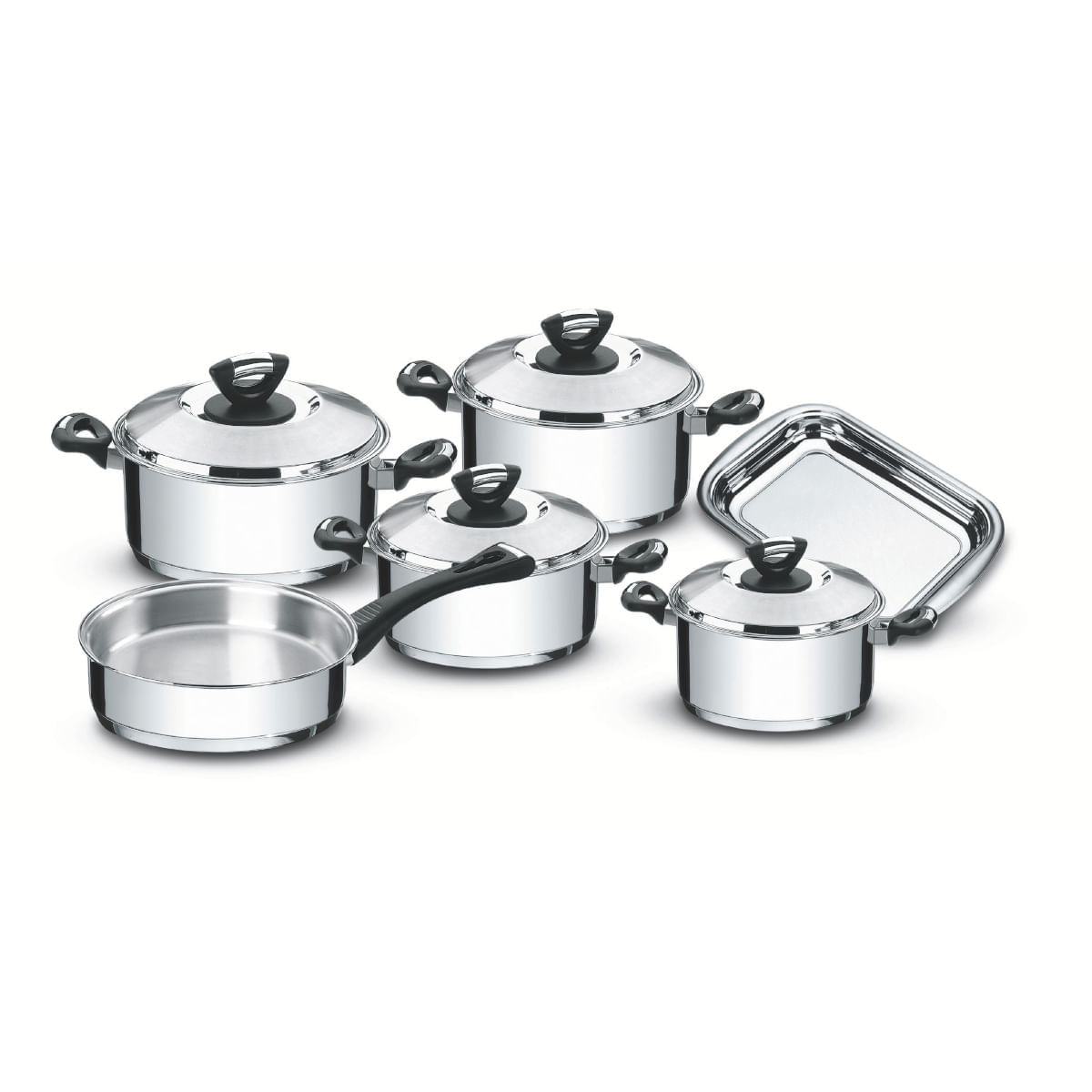 Encontraproduto.com.br - Jogo de Panelas Tramontina 6 Peças Solar Baquelite em Aço Inox com Fundo Triplo com Cabos e Alças de Baquelite