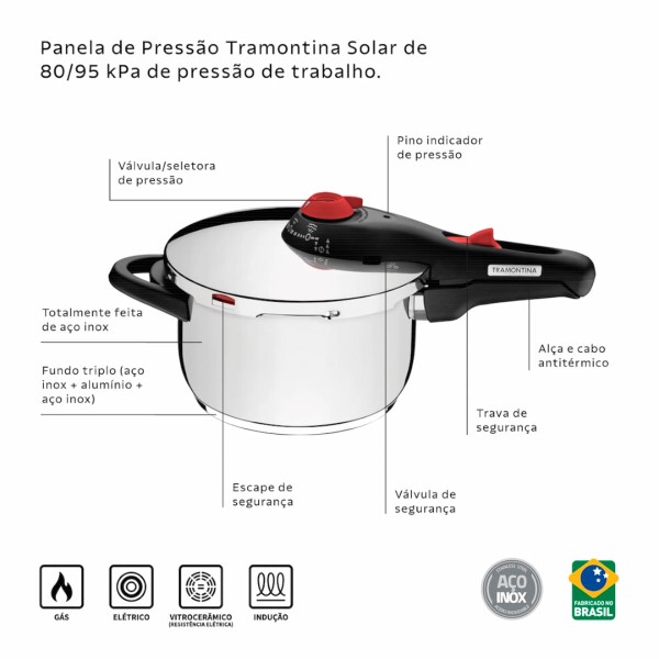 Encontraproduto.com.br - Panela de Pressão Tramontina Solar em Aço Inox Fundo Triplo 22 cm 6 L com Cozi Vapore em Aço Inox