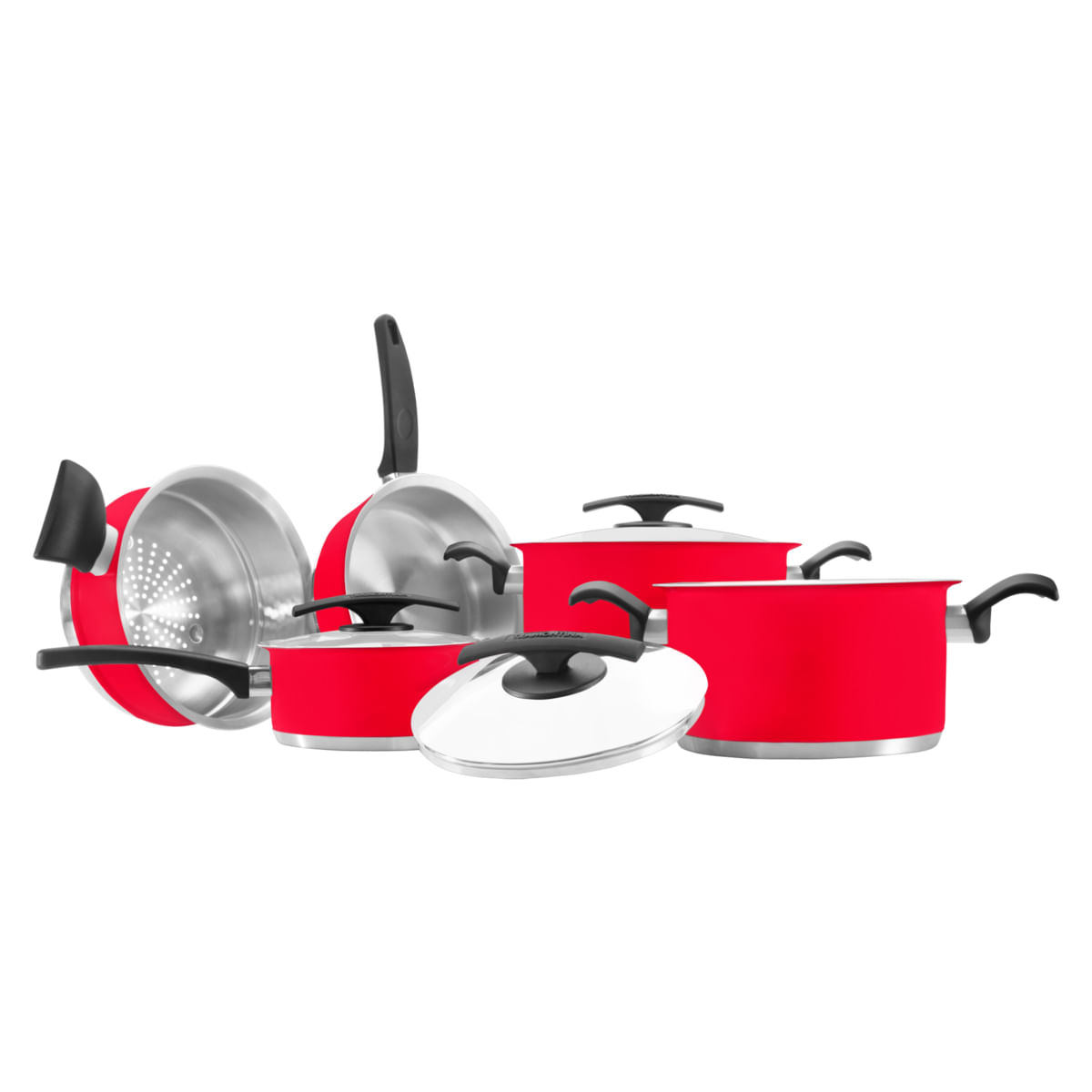 Jogo de Panelas Tramontina Duo Color Vermelho em Aço Inox Fundo Triplo 5 Peças 65380016
