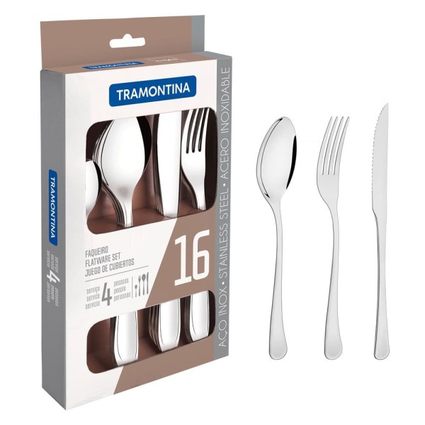 Encontraproduto.com.br - Faqueiro Tramontina aço inox com faca para churrasco 16 pçs 66945/654