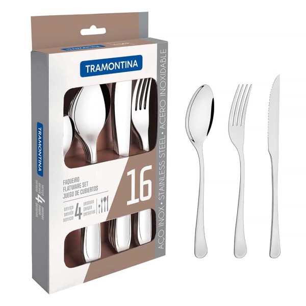 Encontraproduto.com.br - Faqueiro Tramontina aço inox com faca para churrasco 16 pçs 66945/654