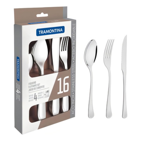 Encontraproduto.com.br - Faqueiro Tramontina aço inox com faca para churrasco 16 pçs 66945/654