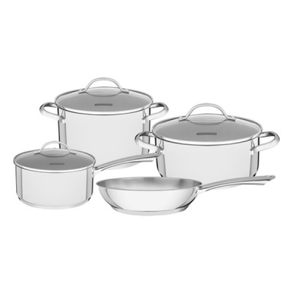 Encontraproduto.com.br - Jogo de Panelas Tramontina Una Aço Inox Fundo Triplo Tampas de Vidro 4 Peças