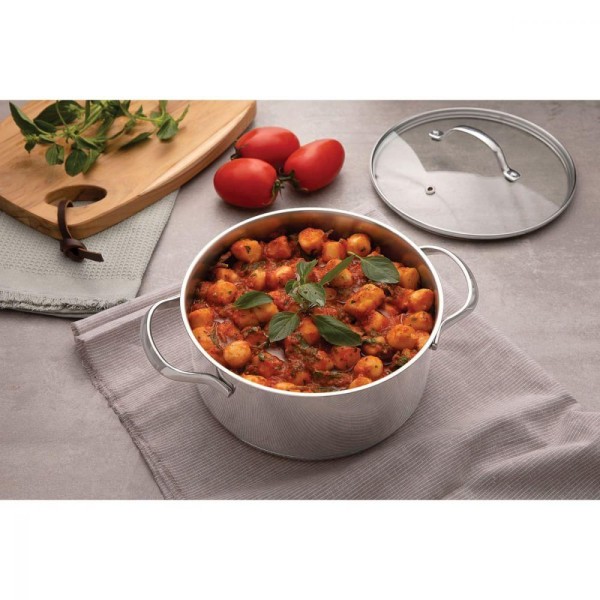 Encontraproduto.com.br - Jogo de Panelas Tramontina Una em Aço Inox com Fundo Triplo e Tampas de Vidro 5 Peças