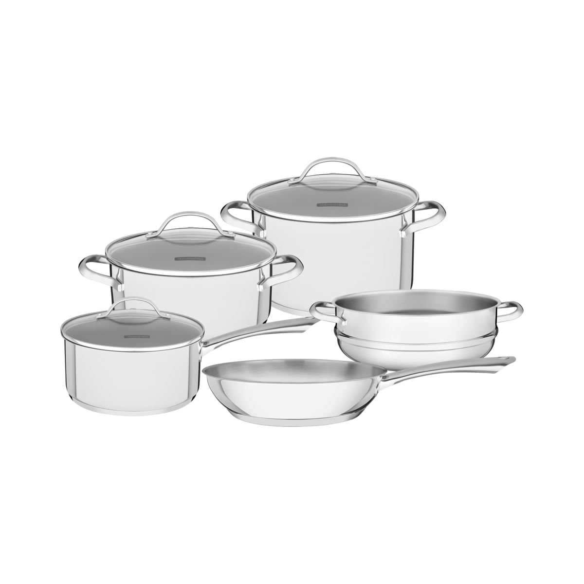 Encontraproduto.com.br - Jogo de Panelas Tramontina Una em Aço Inox com Fundo Triplo e Tampas de Vidro 5 Peças