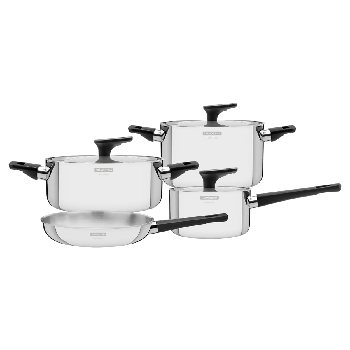 Jogo de Panelas Tramontina Grano Baquelite em Aço Inox com Corpo Triplo e Cabos e Alças de Baquelite Preto 4 Peças