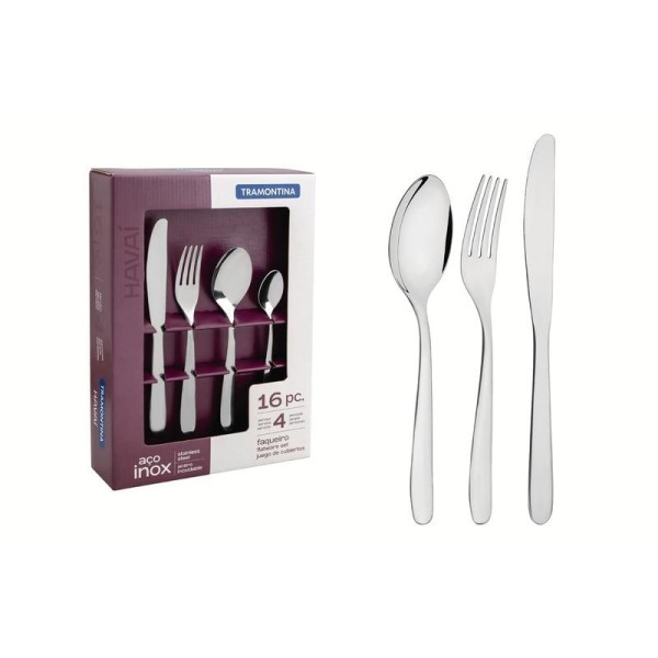Faqueiro Tramontina Havaí em Aço Inox com Facas de Mesa Acabamento em Brilho 16 Peças 66905/550