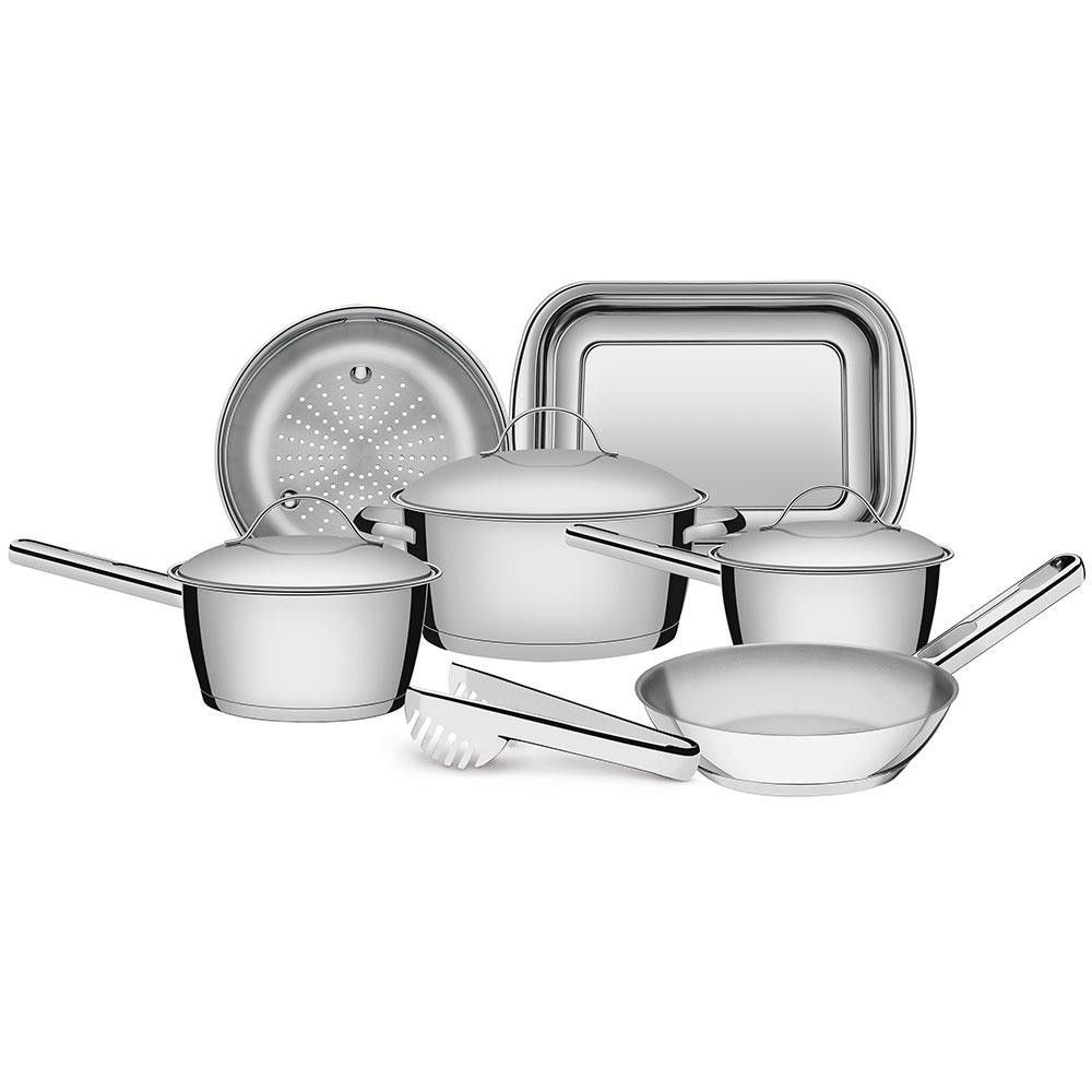 Encontraproduto.com.br - Conjunto de Panelas 7 Peças Tramontina Allegra em Aço Inox com Fundo Triplo e Tampas com Saída de Vapor
