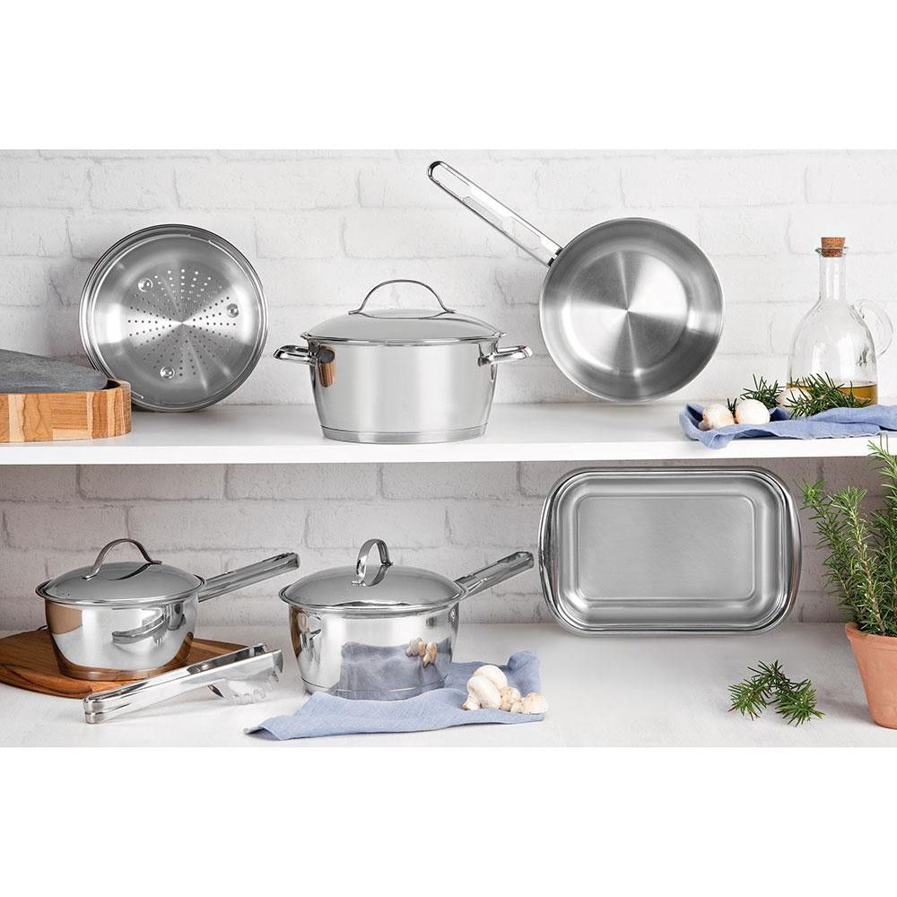 Encontraproduto.com.br - Conjunto de Panelas 7 Peças Tramontina Allegra em Aço Inox com Fundo Triplo e Tampas com Saída de Vapor