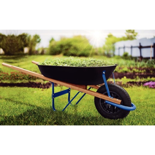Encontraproduto.com.br - Carrinho De Mão Tramontina Com Caçamba Rasa Plástica Preta 50 L, Braço De Madeira E Pneu Com Câmara