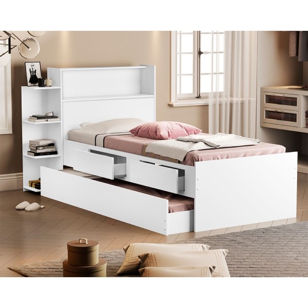Encontraproduto.com.br - Cama Baú Solteiro Isa 98Cm Com Nicho 2 Gavetas E Cama Auxíliar - Branco - Cor: Branco