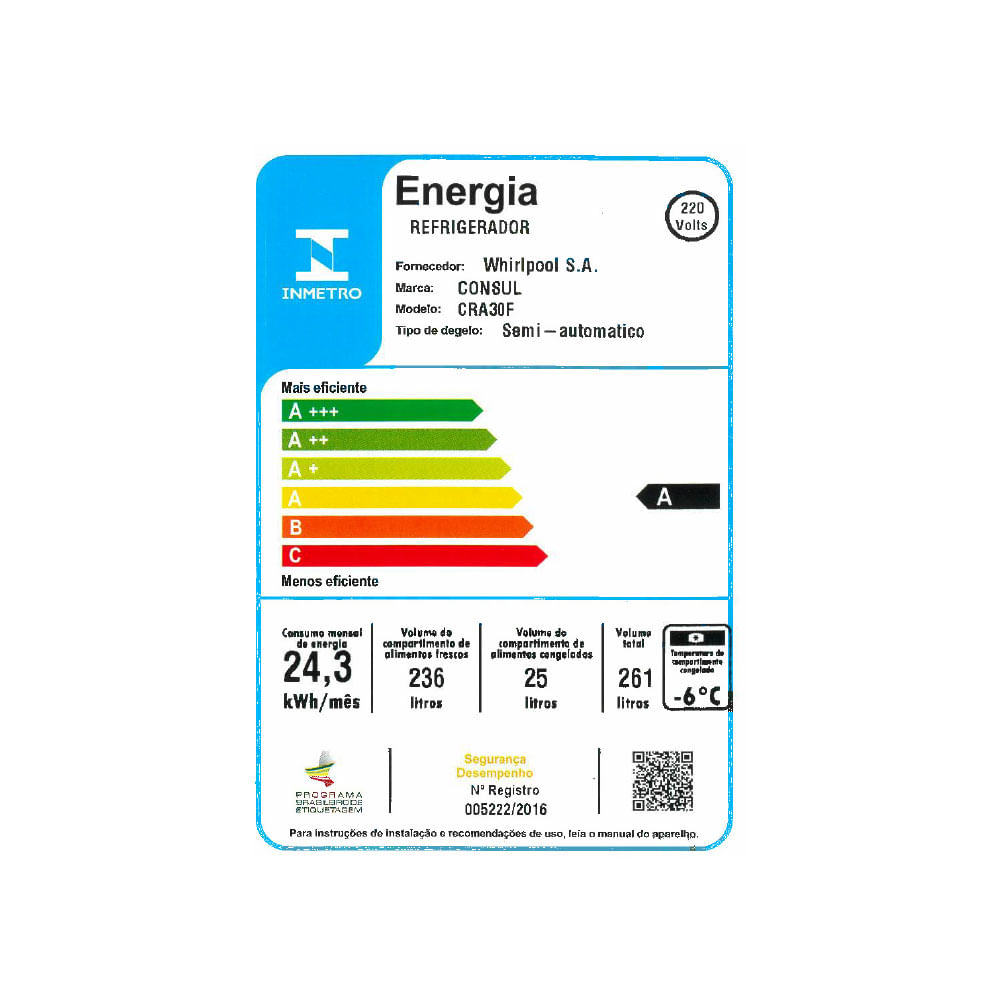 Encontraproduto.com.br - Refrigerador Consul Degelo Seco 261 Litros CRA30FBBNA – 220 Volts