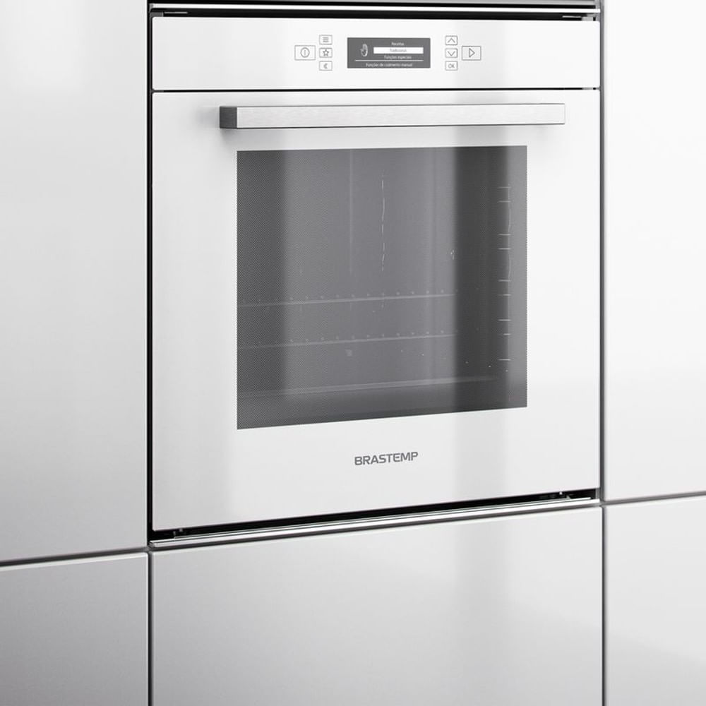 Encontraproduto.com.br - Forno de embutir elétrico Brastemp Vitreous 67 litros Branco com função ar forçado e painel touch - GOC60AB