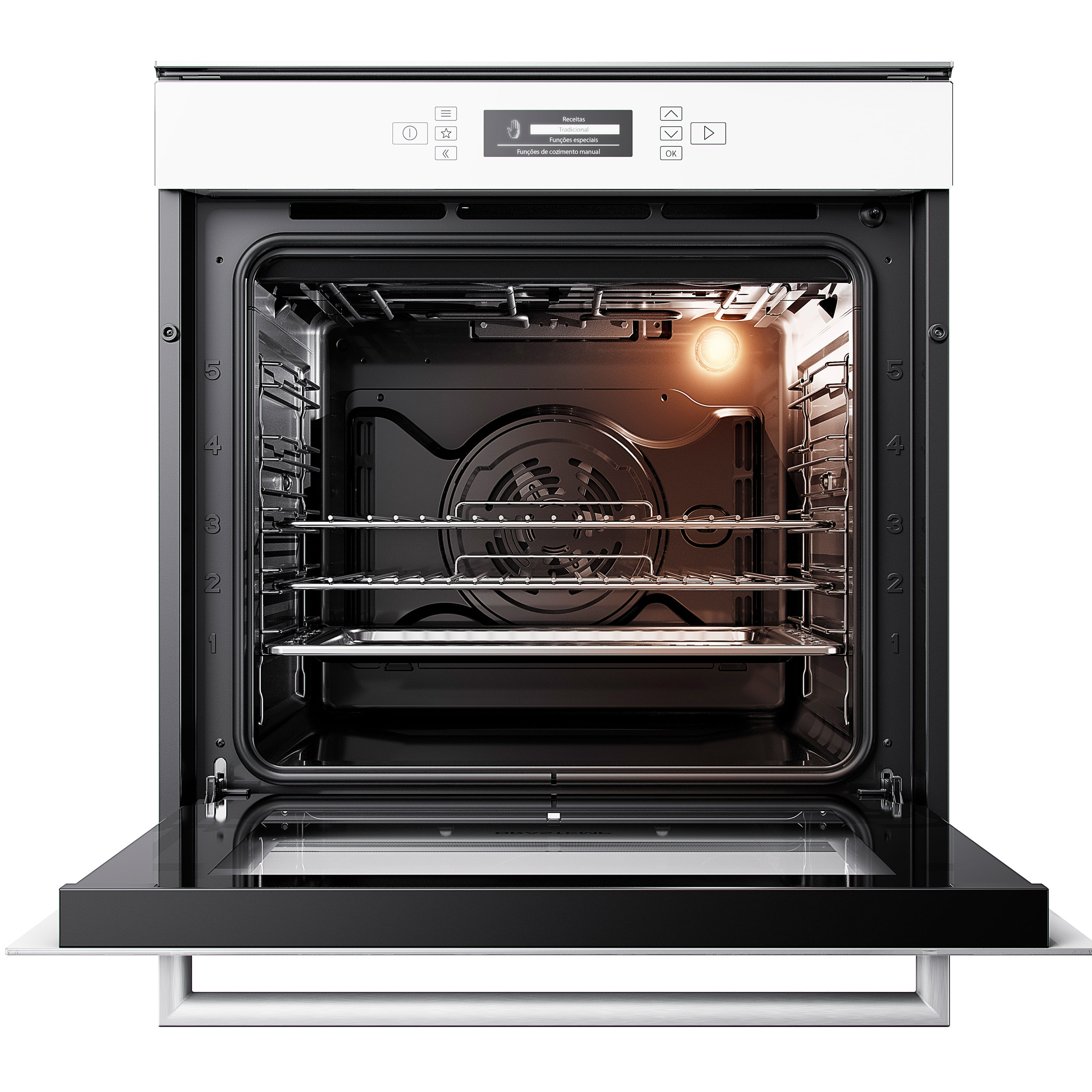 Encontraproduto.com.br - Forno de embutir elétrico Brastemp Vitreous 67 litros Branco com função ar forçado e painel touch - GOC60AB