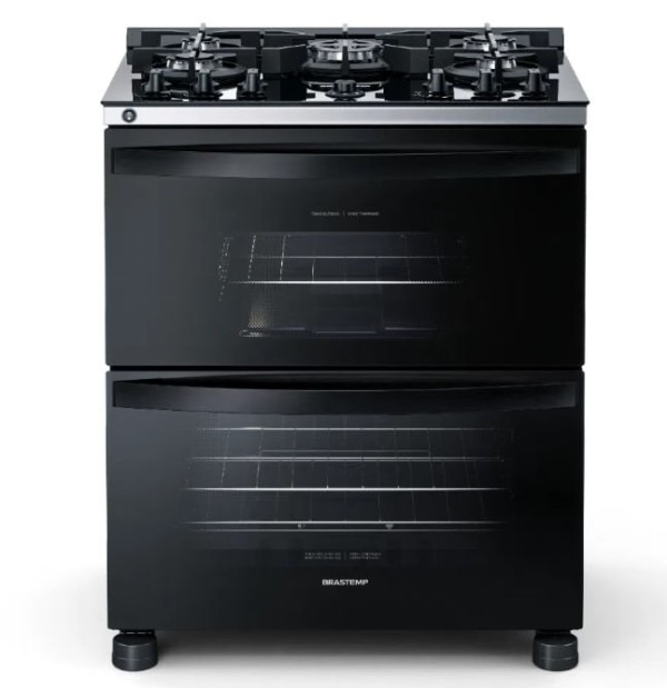 Fogão de Piso Brastemp, 5 Bocas, Duplo Forno, Preto Mesa de Vidro e Turbo Chama - BFD5VCE - 220V