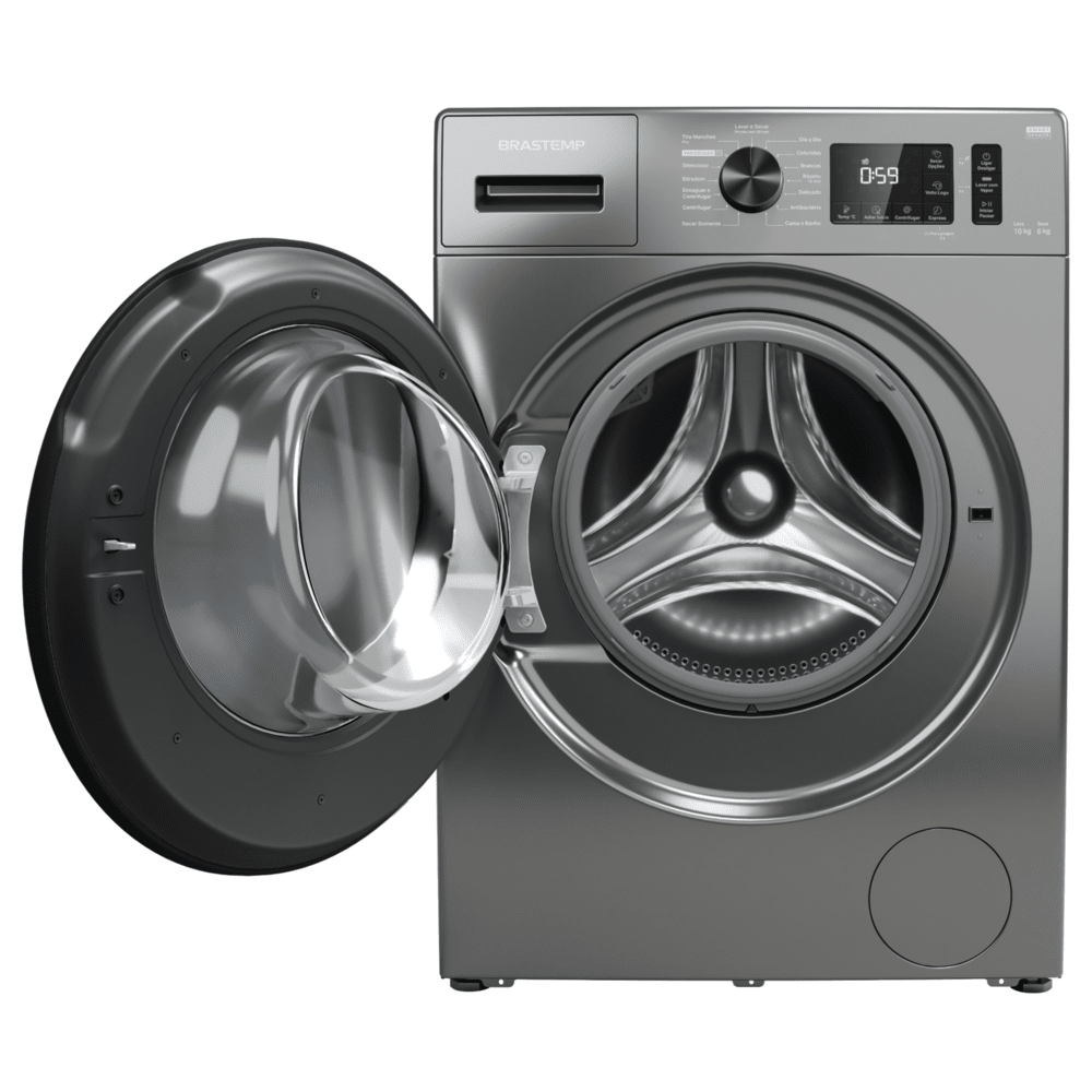 Encontraproduto.com.br - Lava e Seca Brastemp 10kg/6kg titanium com Smart Sensor, Lavar com Vapor e Função Secagem - BNO10AS