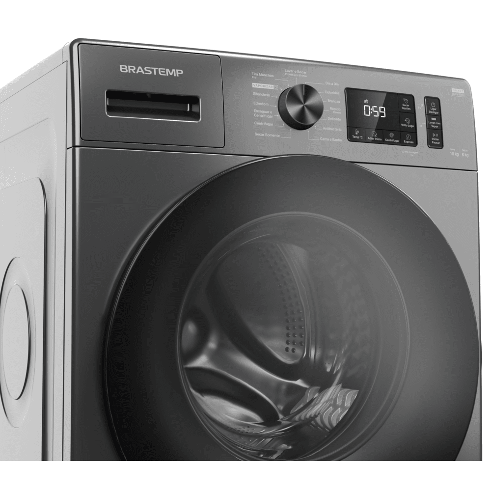 Encontraproduto.com.br - Lava e Seca Brastemp 10kg/6kg titanium com Smart Sensor, Lavar com Vapor e Função Secagem - BNO10AS
